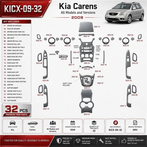 Kia Carens 2009 kit rivestimento cruscotto e interni 3D 32 pezzi