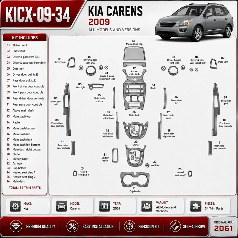 Kia Carens 2009 kit rivestimento cruscotto e interni 3D 34 pezzi