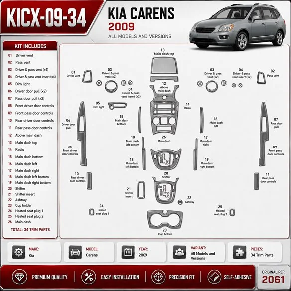 Kia Carens 2009 kit rivestimento cruscotto e interni 3D 34 pezzi