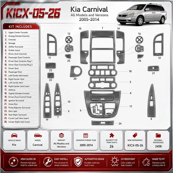 Kia Carnival 2005-2014 kit rivestimento cruscotto e interni 3D 26 pezzi
