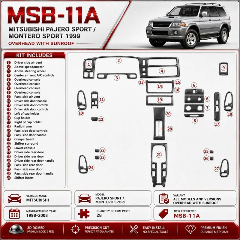 Mitsubishi Pajero Sport/Montero Sport 1998-2008 Overhead con tetto apribile kit rivestimento cruscotto e interni 3D 28 pezzi