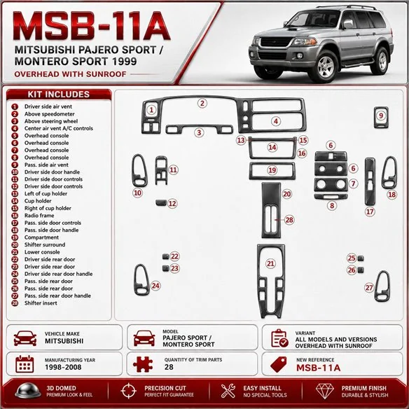 Mitsubishi Pajero Sport/Montero Sport 1998-2008 Overhead con tetto apribile kit rivestimento cruscotto e interni 3D 28 pezzi