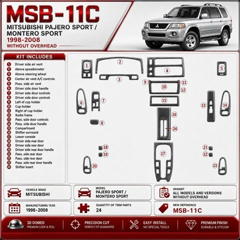 Mitsubishi Pajero Sport/Montero Sport 1998-2008 senza Overhead kit rivestimento cruscotto e interni 3D 24 pezzi