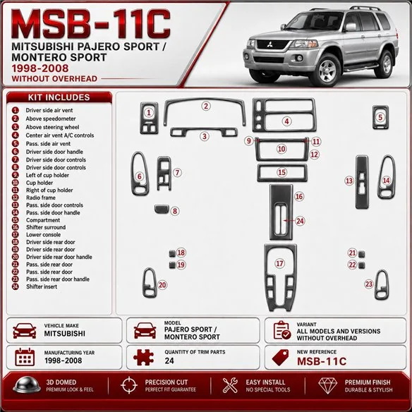Mitsubishi Pajero Sport/Montero Sport 1998-2008 senza Overhead kit rivestimento cruscotto e interni 3D 24 pezzi