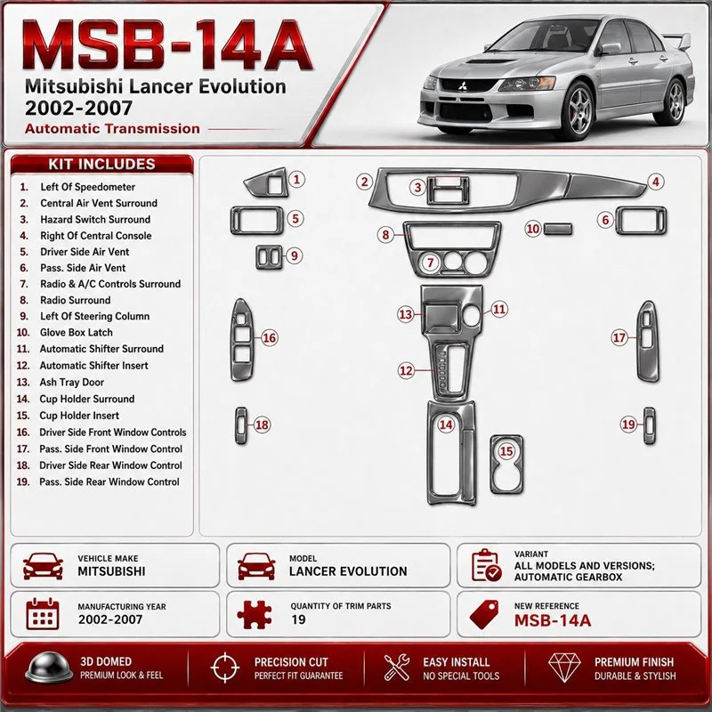 Mitsubishi Lancer Evolution 2002-2007 cambio automatico kit rivestimento cruscotto e interni 3D