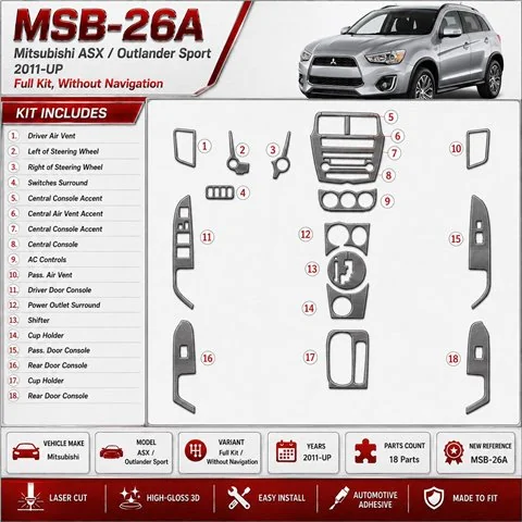 Mitsubishi Outlander ASX/Sport 2011-in poi set completo; senza navigatore kit rivestimento cruscotto e interni 3D