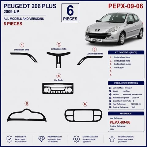 Peugeot 206 Plus 2009+ kit cruscotto 3D, 6 pezzi 2