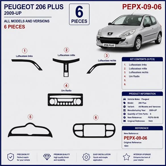 Peugeot 206 Plus 2009+ kit cruscotto 3D, 6 pezzi