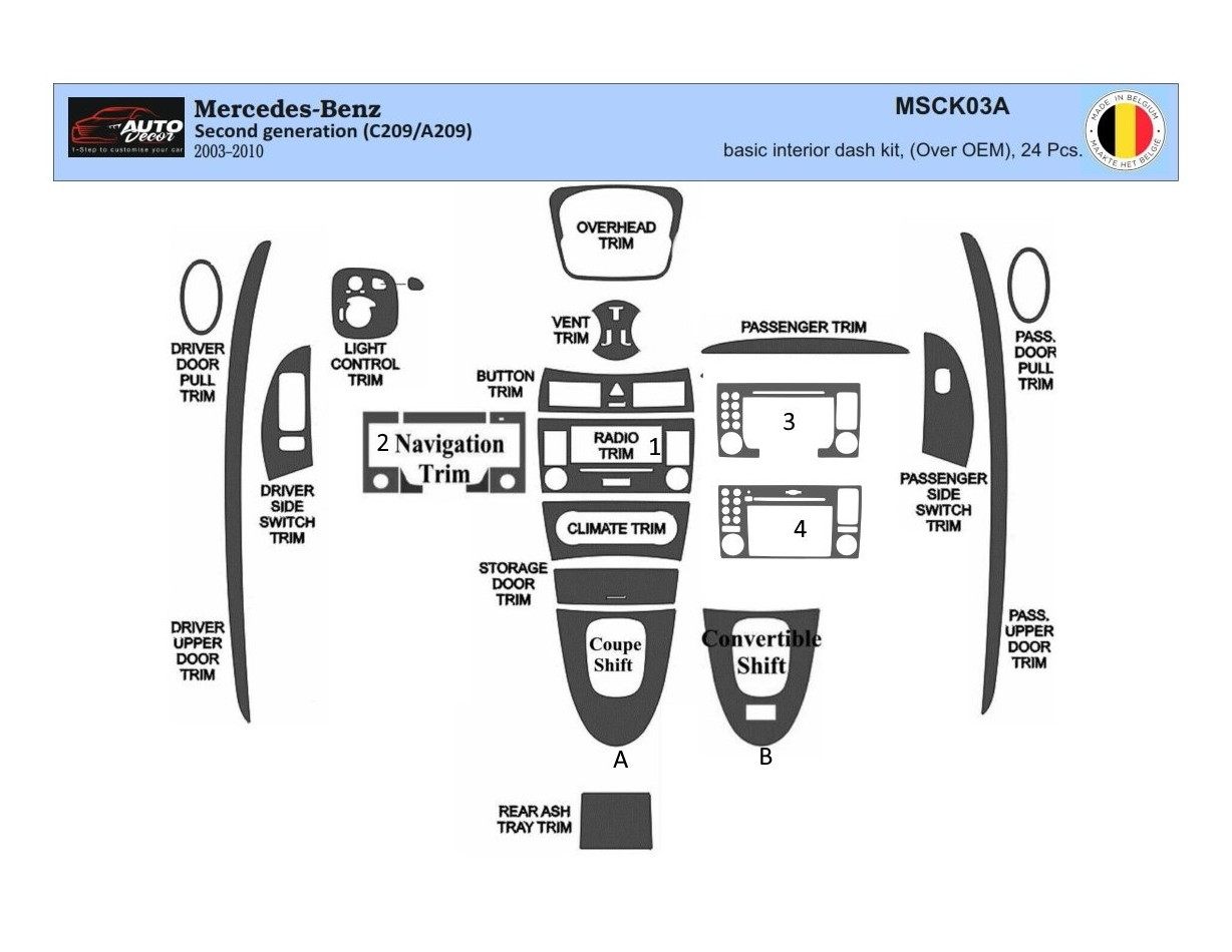 Mercedes Benz CLK W209 2003–2010 Coupe Carbio Full Set Cruscotto BD Rivestimenti interni 24pcs