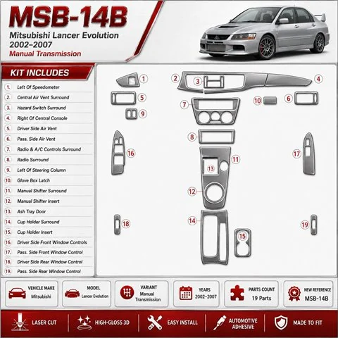 Mitsubishi Lancer Evolution 2002-2007 cambio manuale kit rivestimento cruscotto e interni 3D