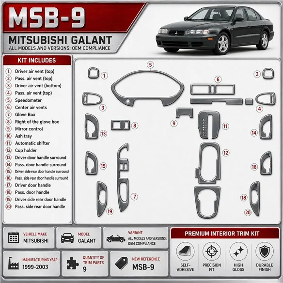 Mitsubishi Galant 1999-2003 OEM Compliance kit rivestimento cruscotto e interni 3D 9 pezzi