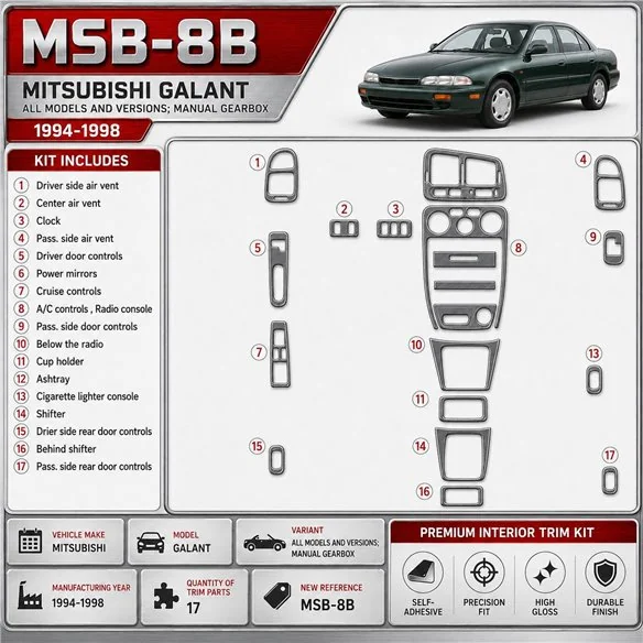 Mitsubishi Galant 1994-1998 cambio manuale; mission kit rivestimento cruscotto e interni 3D 17 pezzi