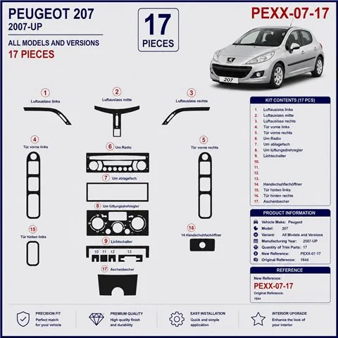 Peugeot 207 2007+ kit cruscotto 3D, 17 pezzi 2