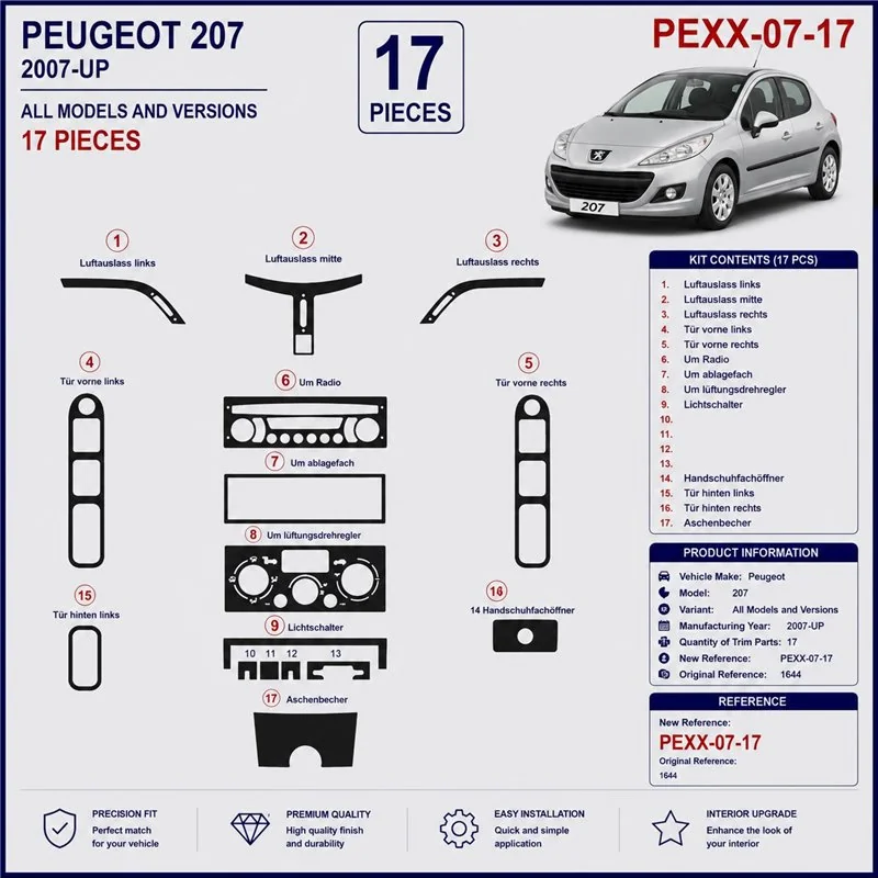 Peugeot 207 2007+ kit cruscotto 3D, 17 pezzi