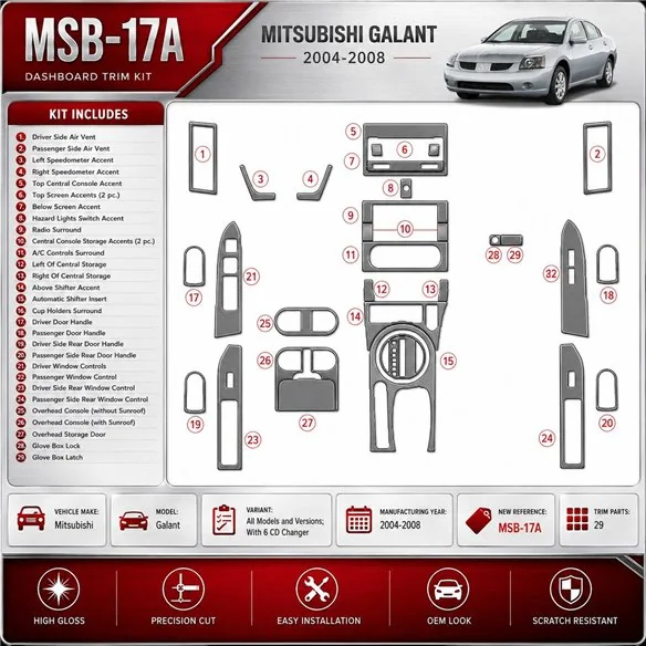 Mitsubishi Galant 2004-2008 con 6 CD Changer kit rivestimento cruscotto e interni 3D