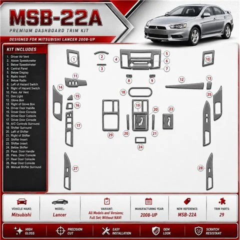 Mitsubishi Lancer 2008-in poi set completo; senza navigatore kit rivestimento cruscotto e interni 3D