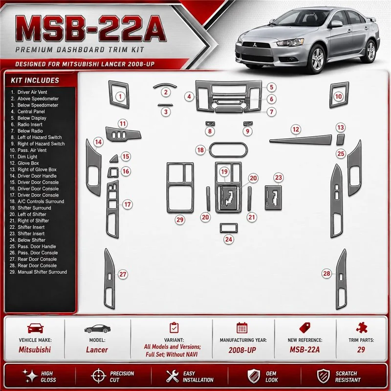Mitsubishi Lancer 2008-in poi set completo; senza navigatore kit rivestimento cruscotto e interni 3D