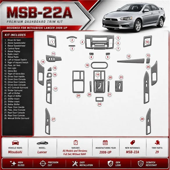 Mitsubishi Lancer 2008-in poi set completo; senza navigatore kit rivestimento cruscotto e interni 3D