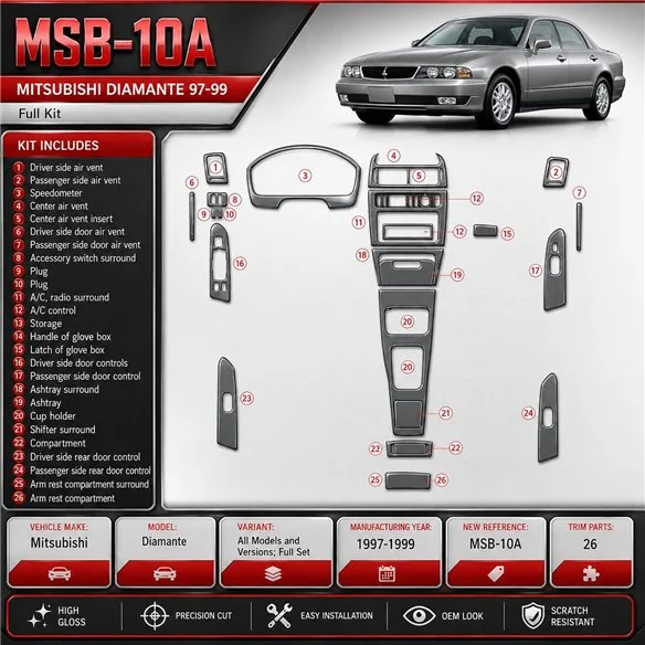 Mitsubishi Diamante 1997-1999 set completo kit rivestimento cruscotto e interni 3D 26 pezzi