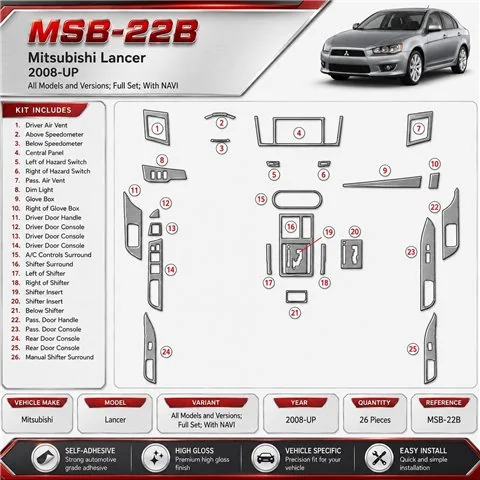 Mitsubishi Lancer 2008-in poi set completo; con navigatore kit rivestimento cruscotto e interni 3D