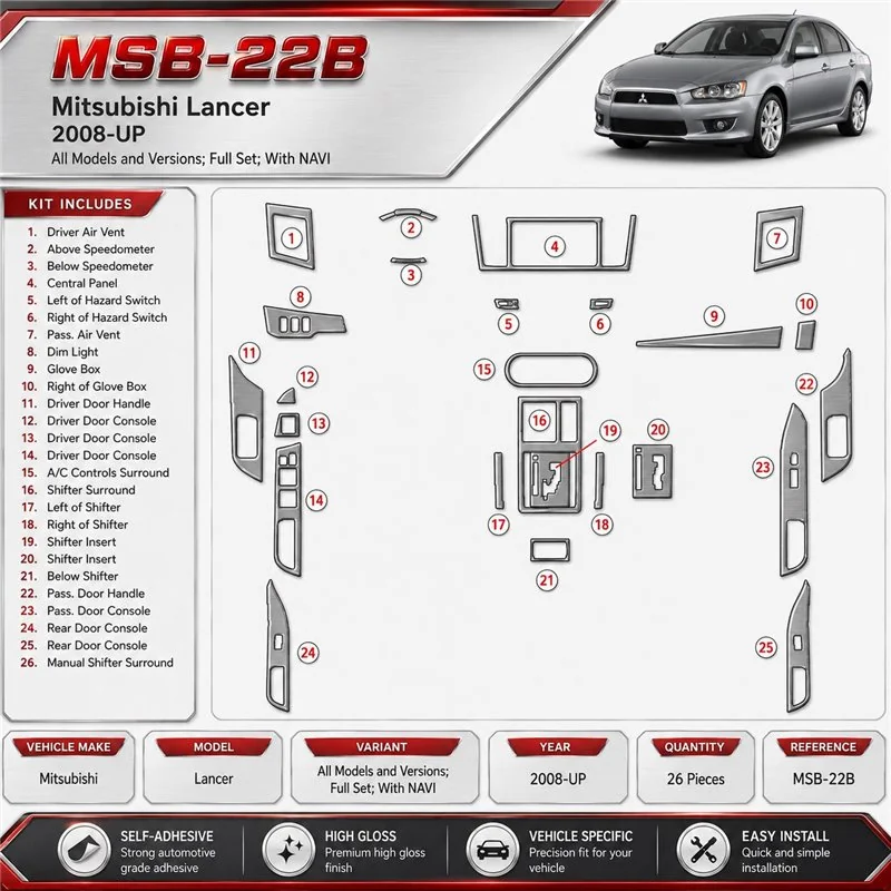 Mitsubishi Lancer 2008-in poi set completo; con navigatore kit rivestimento cruscotto e interni 3D