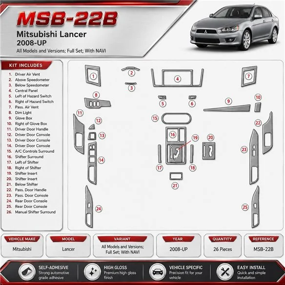 Mitsubishi Lancer 2008-in poi set completo; con navigatore kit rivestimento cruscotto e interni 3D