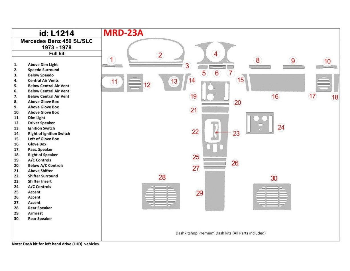 Mercedes Benz R107 450 SL/SLC 1973-1978 Full Set Cruscotto BD Rivestimenti interni