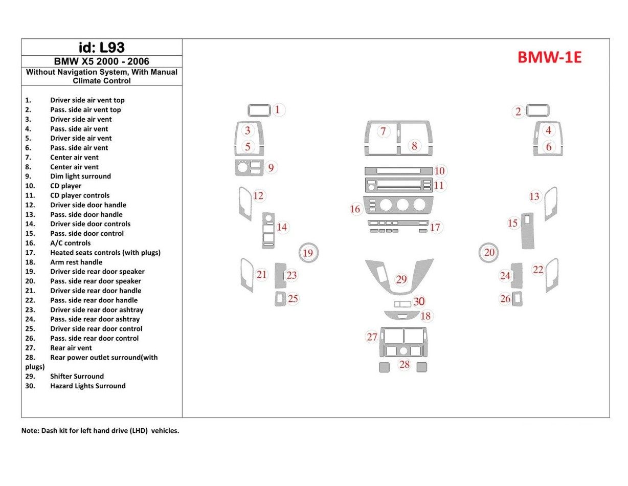 BMW X5 2000-2006 Without NAVI system, Manual Gearbox AC Control Cruscotto BD Rivestimenti interni