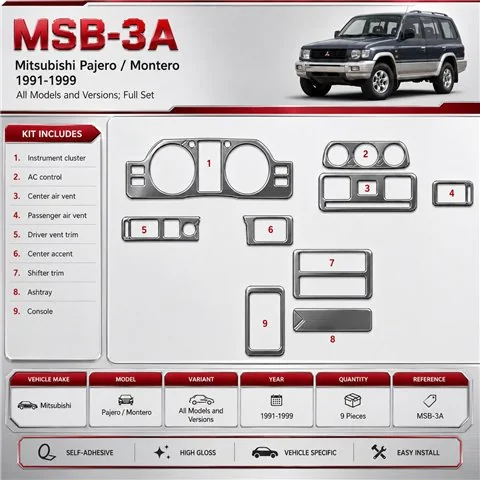 Mitsubishi Pajero/Montero 1991-1999 set completo kit rivestimento cruscotto e interni 3D 9 pezzi