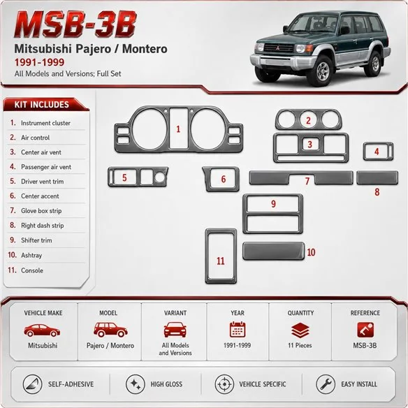 Mitsubishi Pajero/Montero 1991-1999 set completo kit rivestimento cruscotto e interni 3D 11 pezzi