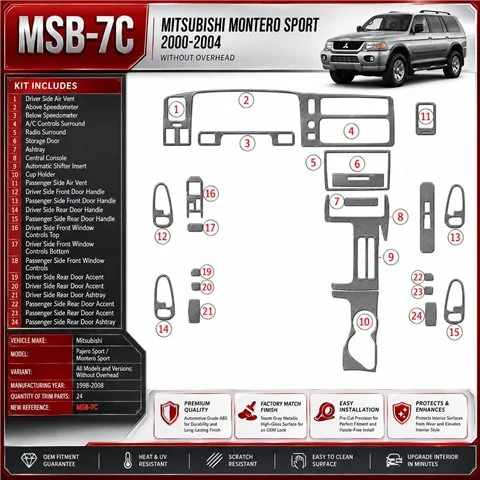 Mitsubishi Pajero Sport/Montero Sport 1998-2008 senza Overhead kit rivestimento cruscotto e interni 3D 24 pezzi