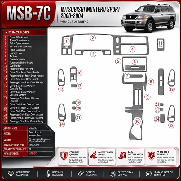 Mitsubishi Pajero Sport/Montero Sport 1998-2008 senza Overhead kit rivestimento cruscotto e interni 3D 24 pezzi