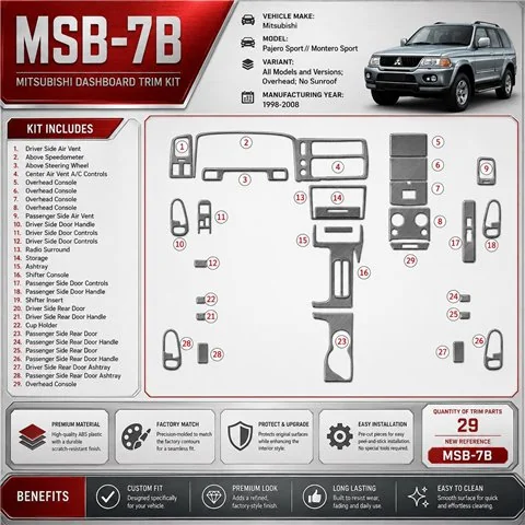 Mitsubishi Pajero Sport/Montero Sport 1998-2008 Overhead; No Sunroof kit rivestimento cruscotto e interni 3D 29 pezzi