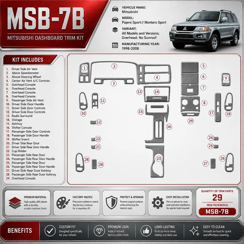 Mitsubishi Pajero Sport/Montero Sport 1998-2008 Overhead; No Sunroof kit rivestimento cruscotto e interni 3D 29 pezzi