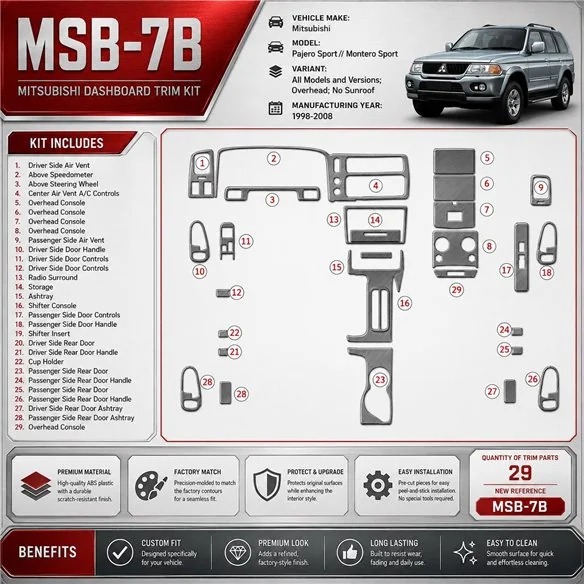 Mitsubishi Pajero Sport/Montero Sport 1998-2008 Overhead; No Sunroof kit rivestimento cruscotto e interni 3D 29 pezzi