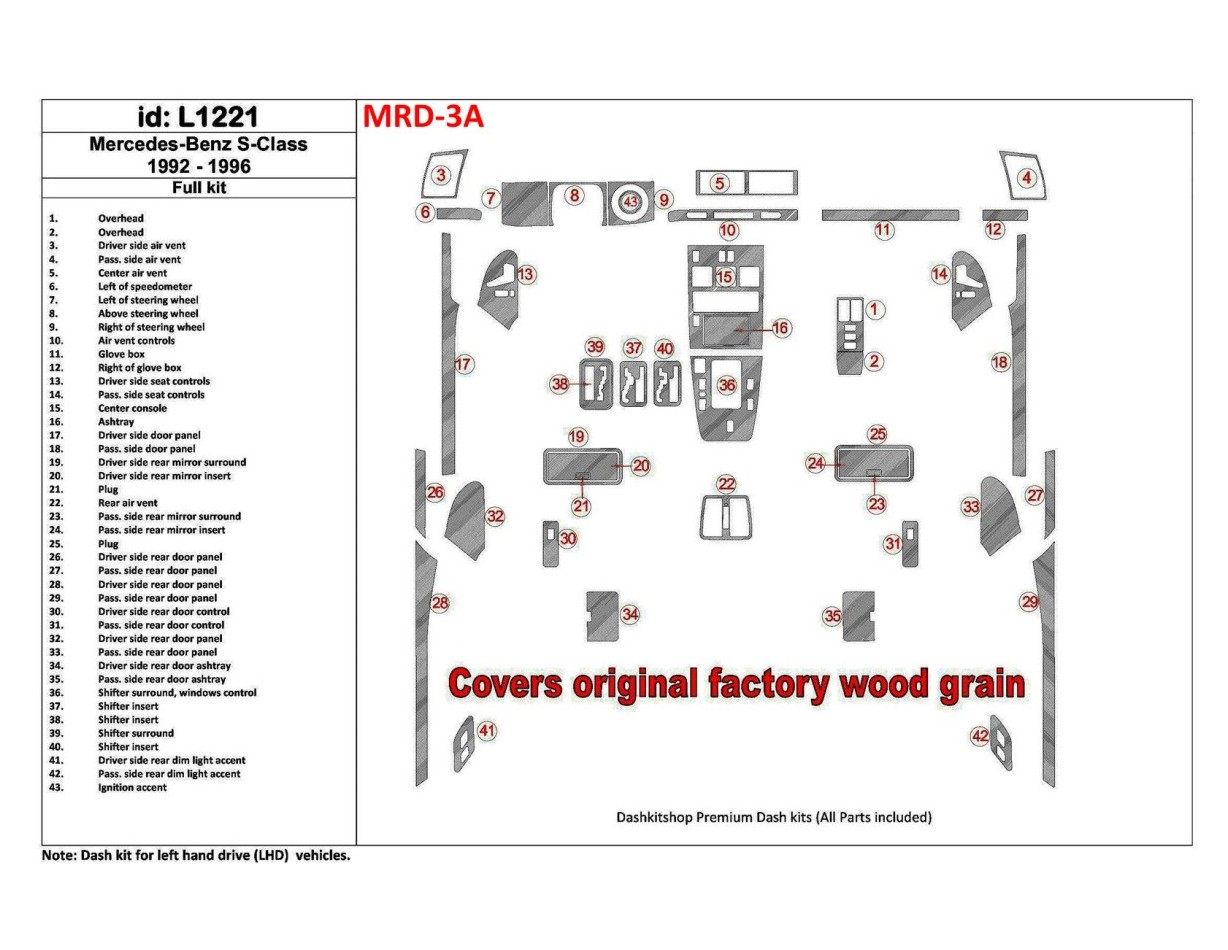 Mercedes Benz S Class W140 1992-1996 Full Set, Cover All OEM Wood Kit Cruscotto BD Rivestimenti interni Mercedes Benz S Class W140 1992-1996 Full Set, Cover All OEM Wood Kit Cruscotto BD Rivestimenti interni
