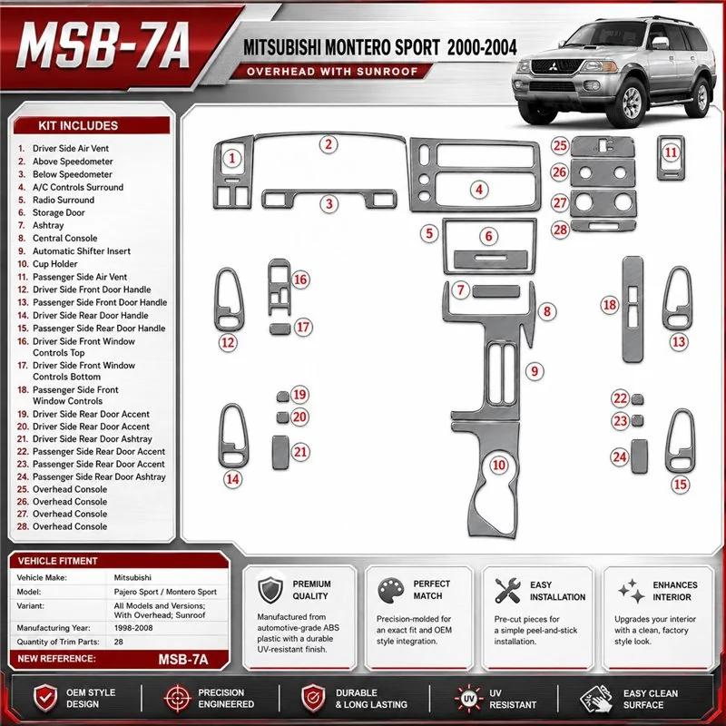 Mitsubishi Pajero Sport/Montero Sport 1998-2008 con Overhead; Sunroof kit rivestimento cruscotto e interni 3D 28 pezzi