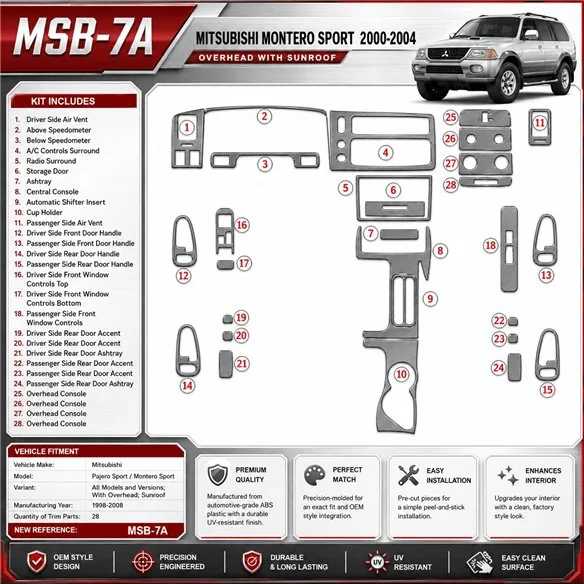 Mitsubishi Pajero Sport/Montero Sport 1998-2008 con Overhead; Sunroof kit rivestimento cruscotto e interni 3D 28 pezzi