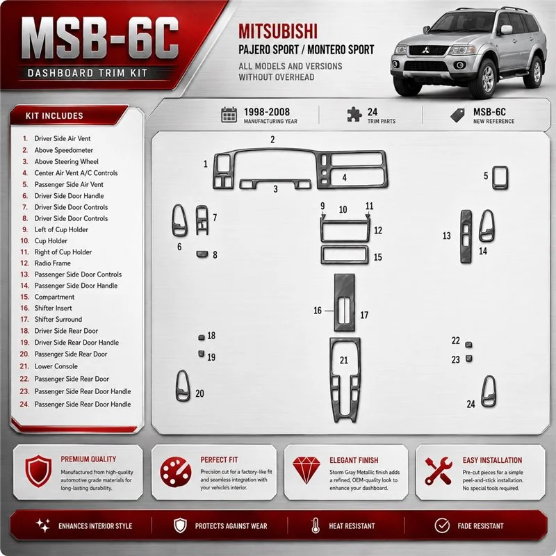 Mitsubishi Pajero Sport/Montero Sport 1998-2008 senza Overhead kit rivestimento cruscotto e interni 3D 24 pezzi