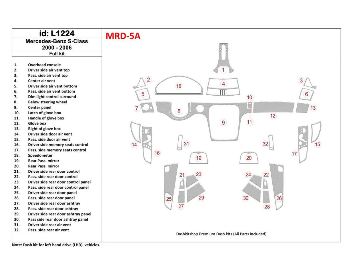 Mercedes Benz S Class W220 2000-2006 OEM Compliance Cruscotto BD Rivestimenti interni