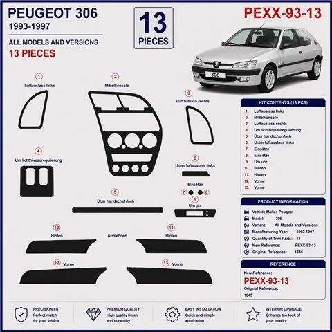 Peugeot 306 1993-1997 kit cruscotto 3D, 13 pezzi 2