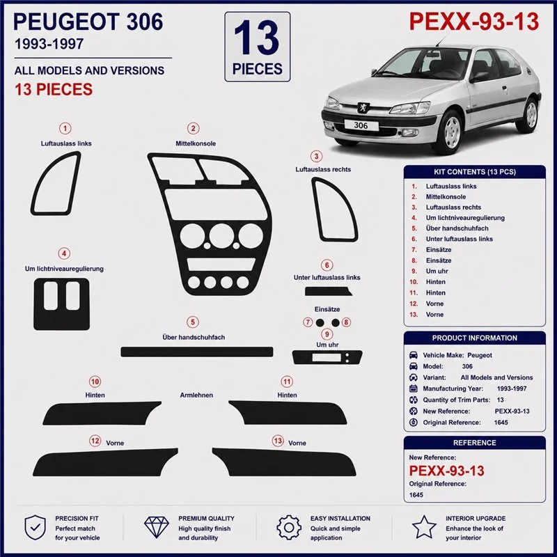 Peugeot 306 1993-1997 kit cruscotto 3D, 13 pezzi