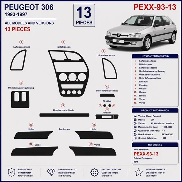 Peugeot 306 1993-1997 kit cruscotto 3D, 13 pezzi