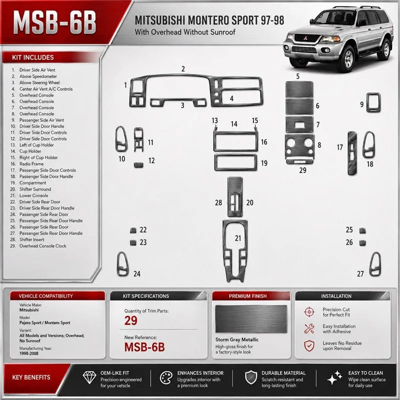 Mitsubishi Pajero Sport/Montero Sport 1998-2008 Overhead; No Sunroof kit rivestimento cruscotto e interni 3D 29 pezzi