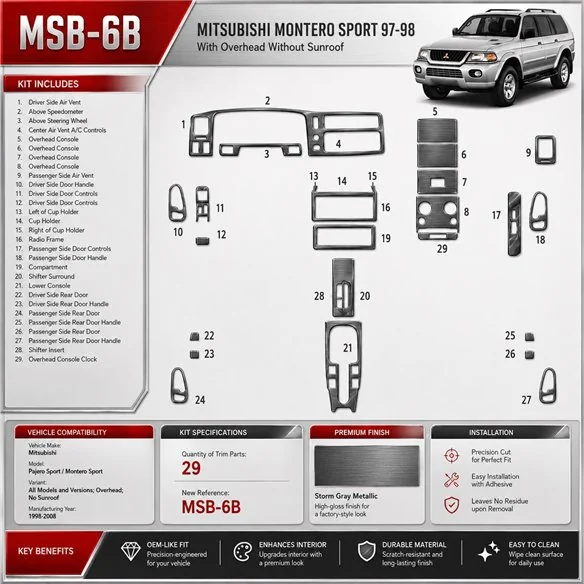 Mitsubishi Pajero Sport/Montero Sport 1998-2008 Overhead; No Sunroof kit rivestimento cruscotto e interni 3D 29 pezzi