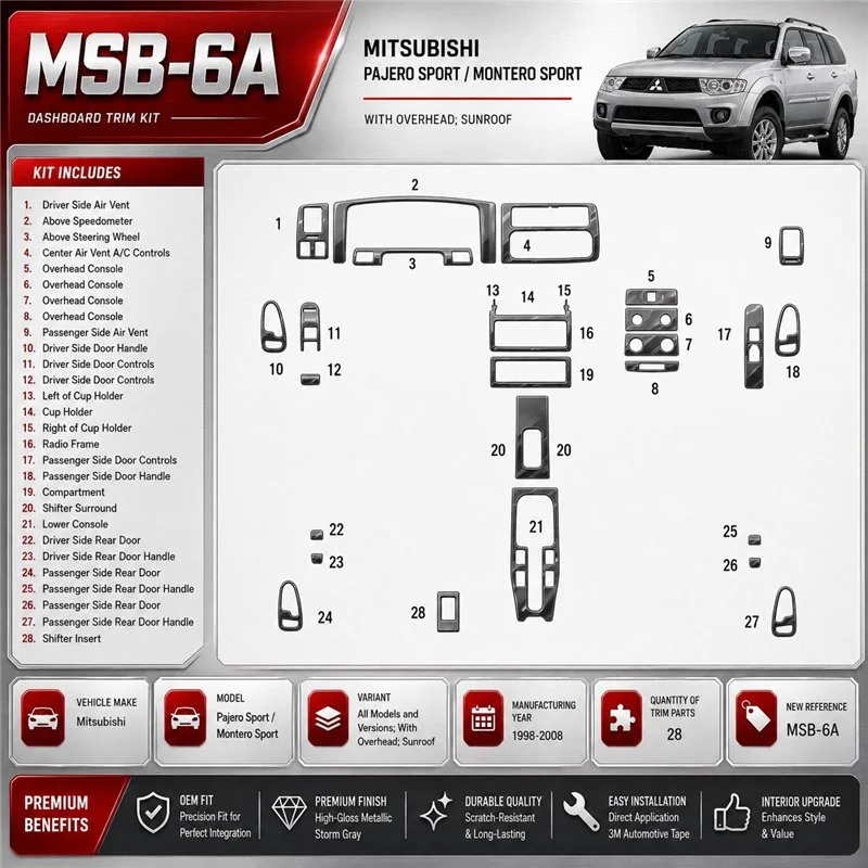 Mitsubishi Pajero Sport/Montero Sport 1998-2008 con Overhead; Sunroof kit rivestimento cruscotto e interni 3D 28 pezzi