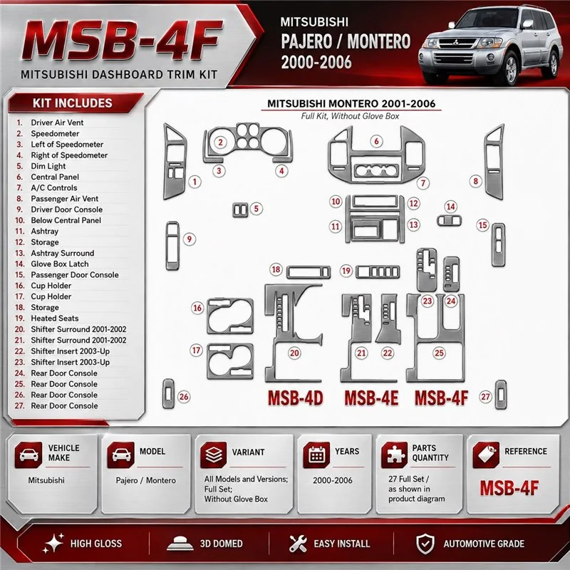 Mitsubishi Pajero/Montero 2000-2006 set completo; senza glowe-box kit rivestimento cruscotto e interni 3D