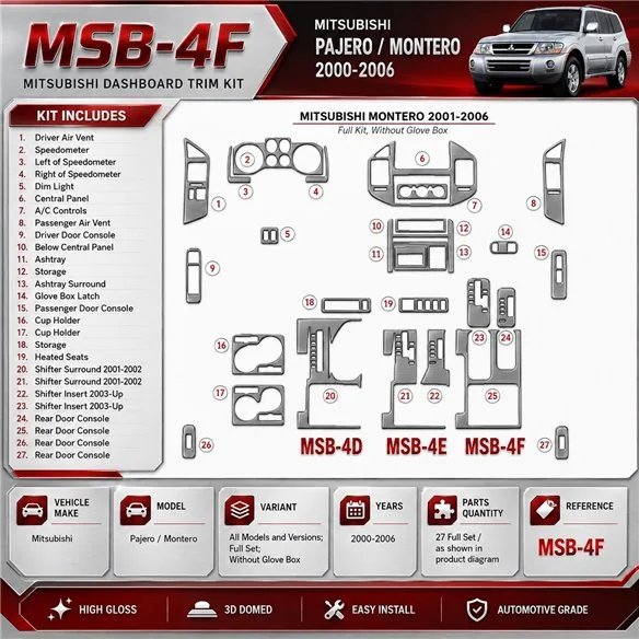 Mitsubishi Pajero/Montero 2000-2006 set completo; senza glowe-box kit rivestimento cruscotto e interni 3D