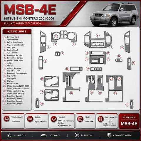 Mitsubishi Pajero/Montero 2000-2006 set completo; senza glowe-box kit rivestimento cruscotto e interni 3D