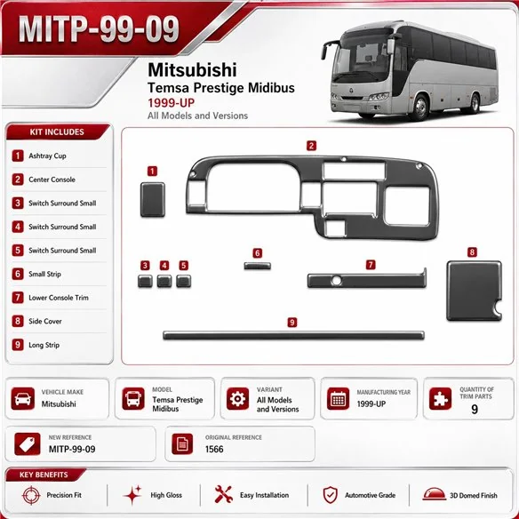 Mitsubishi Temsa Prestige Midibus 1999-in poi kit rivestimento cruscotto e interni 3D 9 pezzi